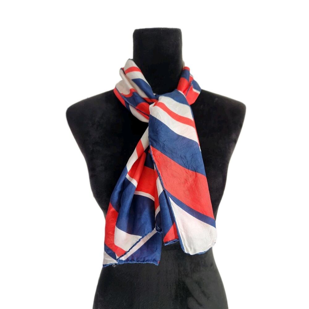 ECHO Red White Blue Diagonal Striped 100% Silk Long Rectangle Scarf Japan 15×44"